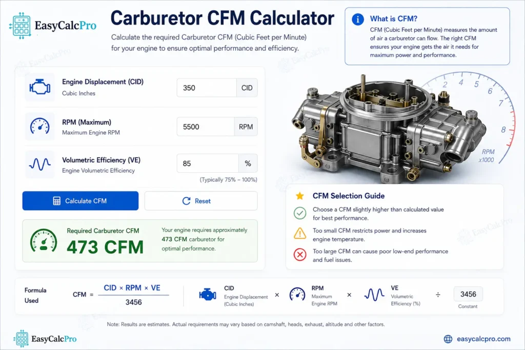 Carburetor CFM calculator showing 473 CFM result for 350 CID engine at 5500 RPM with 85% volumetric efficiency