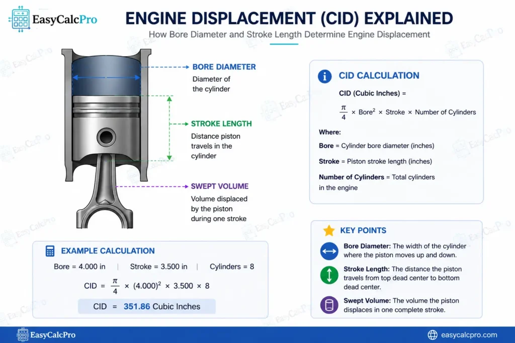 EasyCalcPro engine displacement CID explained diagram showing bore diameter, stroke length, swept volume, and cubic inches calculation formula with example