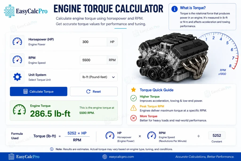 Engine Torque Calculator showing the formula Torque = (5252 × HP) ÷ RPM with example inputs of 300 HP at 5500 RPM resulting in 286.5 lb-ft, including unit conversion dropdown and torque quick guide.