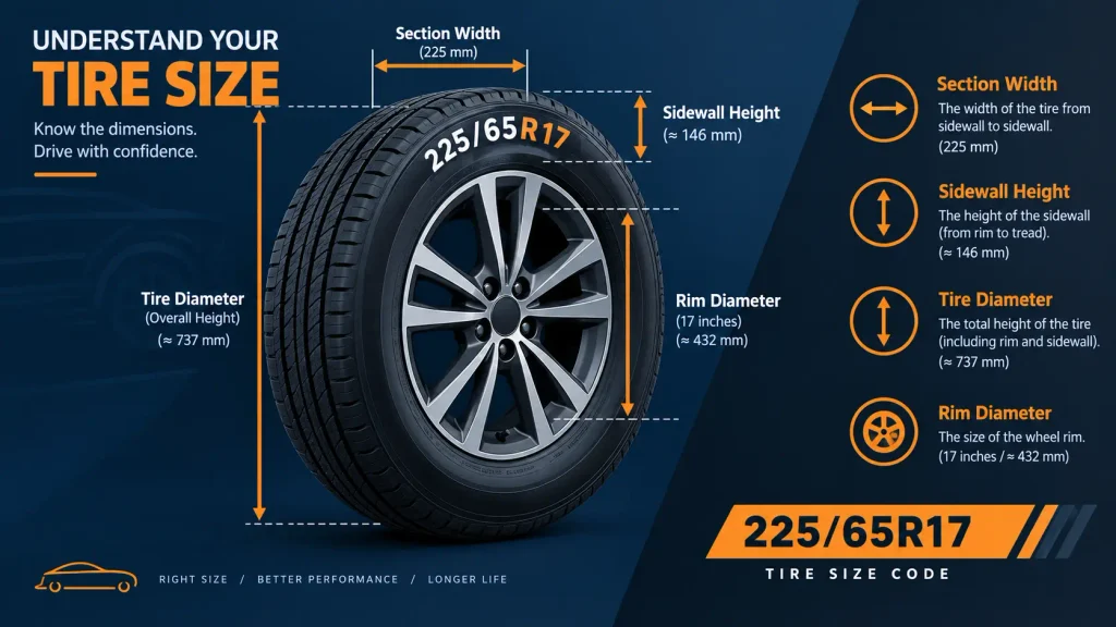 Tire size calculator showing tire diameter, section width, and sidewall height measurements
